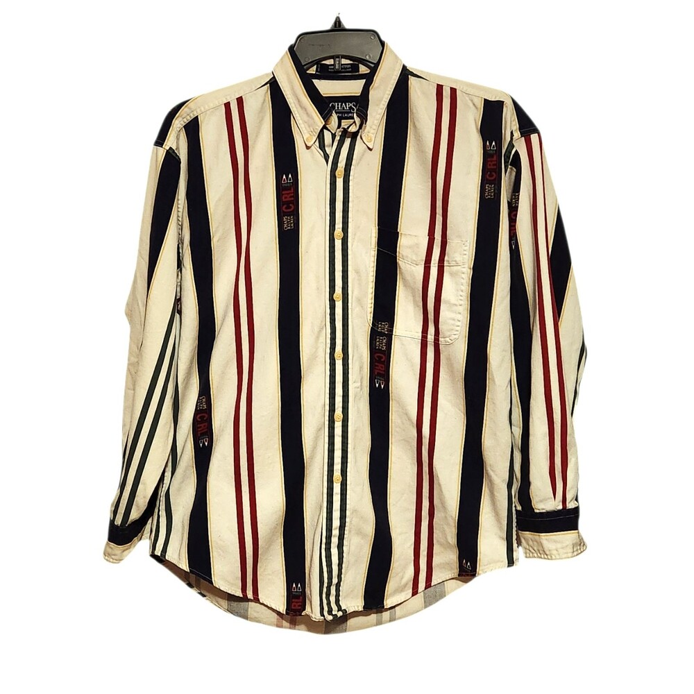 Vintage 1996 Chaps Ralph Lauren Sport Shirt White w/ Primary Stripes Mens Size M